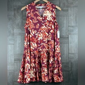 Nine West Women’s Orange Plum Cream Floral Sleeveless Tiered Ruffled Sundress